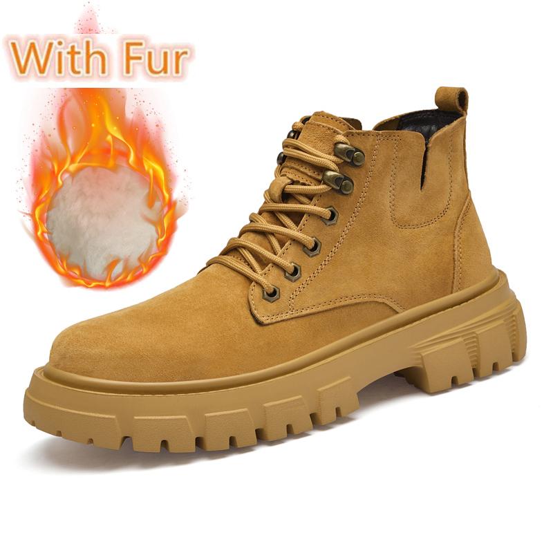 Winter Autumn Suede Leather Boots Fashion Style Hiking Sneakers High Top Plush Fur Motorcycle Boots for Men Outdoor Ankle Boots
