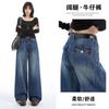 American retro pocket design straight jeans women's autumn and winter new high-waisted loose wide-leg trousers