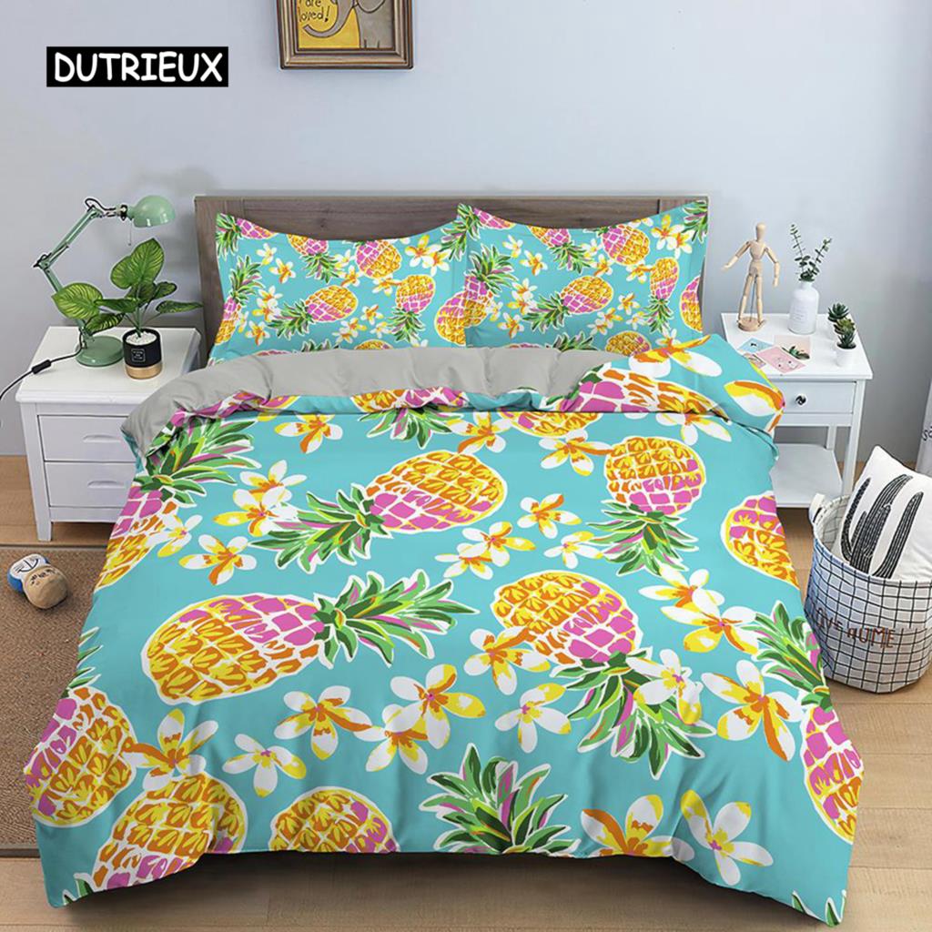 Ананасовый пододеяльник, комплект постельного белья размера Queen, детский комплект постельного белья с разноцветным рисунком ананаса для девочек и подростков, комплект постельного белья с фруктами из полиэстера