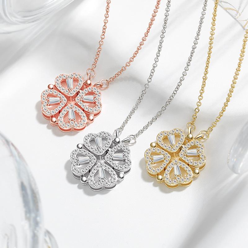 Two-wear Love Flower Pendant, Heart-to-heart, Niche Design Sense, One-piece Multi-wear Heart-shaped Four-leaf Clover Necklace