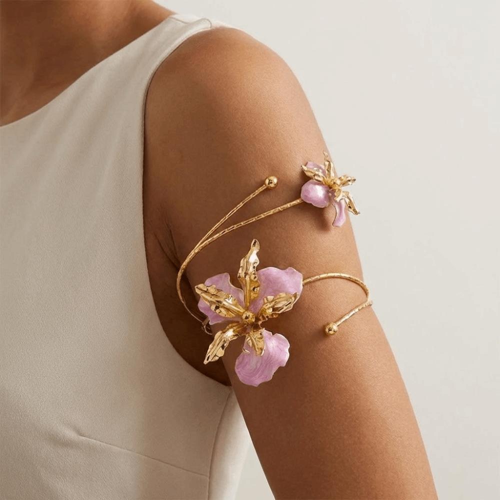 Adjustable Butterfly Orchid Bracelet Enamel Glaze Flower Armband Elegant Open Arm Bangle Gift