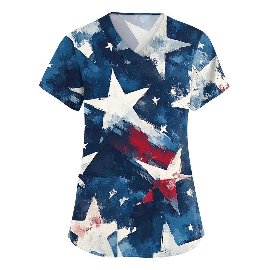 Women's Short Sleeve Independence Day Printed V-Neck Pocket Workwear Top