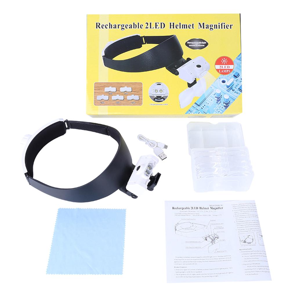 Head Mounted Magnifier 2 LED Hands Free Headband Magnifying Glass 1X 1.5X 2X 2.5X 3.5X for Close Work Reading Repairing