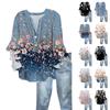 Women's Fashion Button V-Neck Ruffle Seven Sleeve Blouse Floral Printed Top