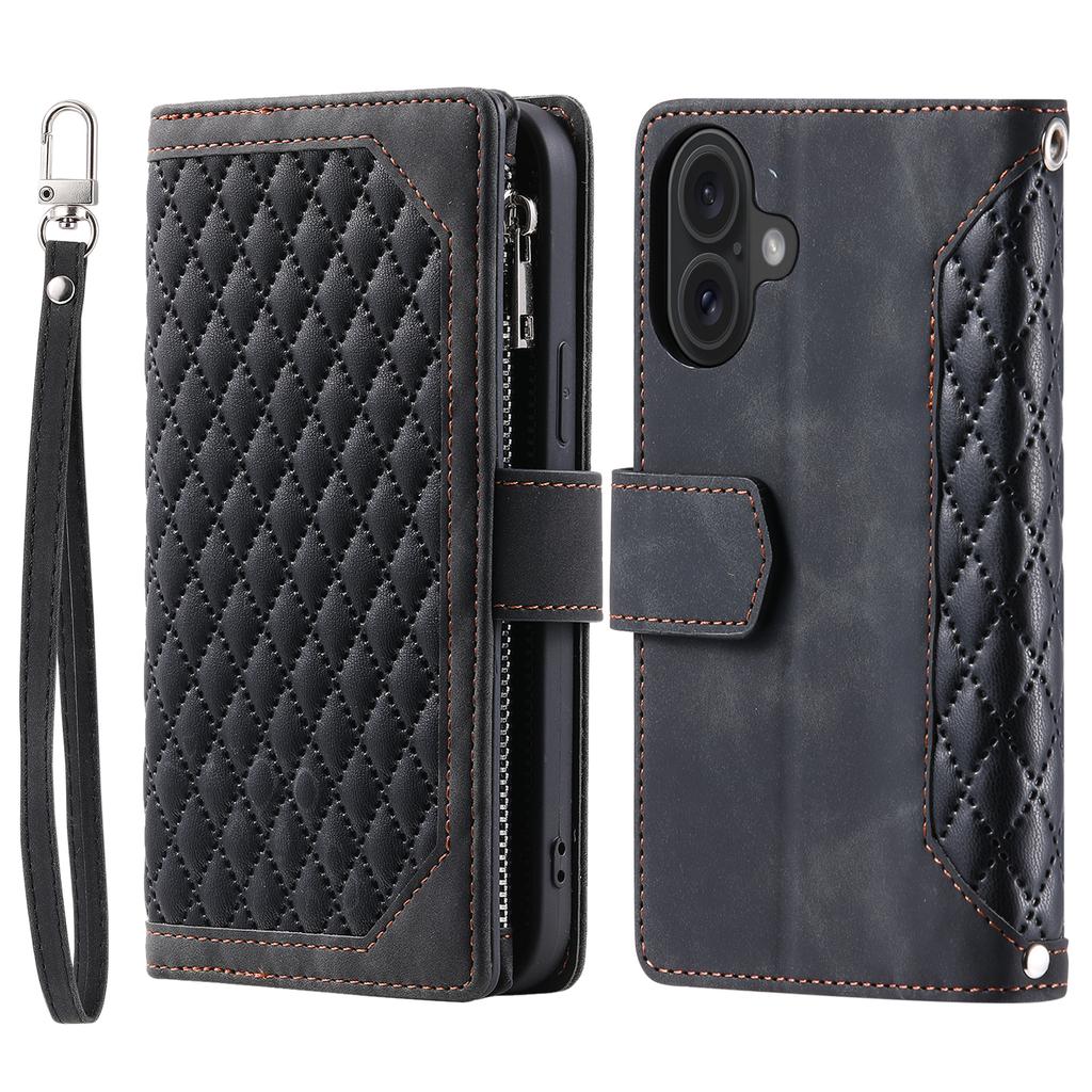For iPhone 17 Wallet Case Rhombus Stitching Line PU Leather Phone Cover with Wrist Strap