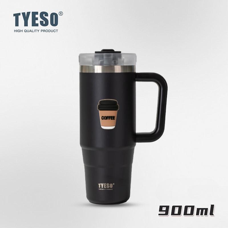 Tyeso 900ML Big Capacity Vacuum Cup With Handle Straw Stainless Steel Car Mug Thermal Iced Travel Insulated Tumbler Bottle with Coffee Sticker