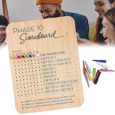 Деревянная доска для подсчета очков Phase 10 с 8 цветными колышками, таблица для подсчета очков Phase 10, настольная игра для вечеринки, семейный игровой вечер