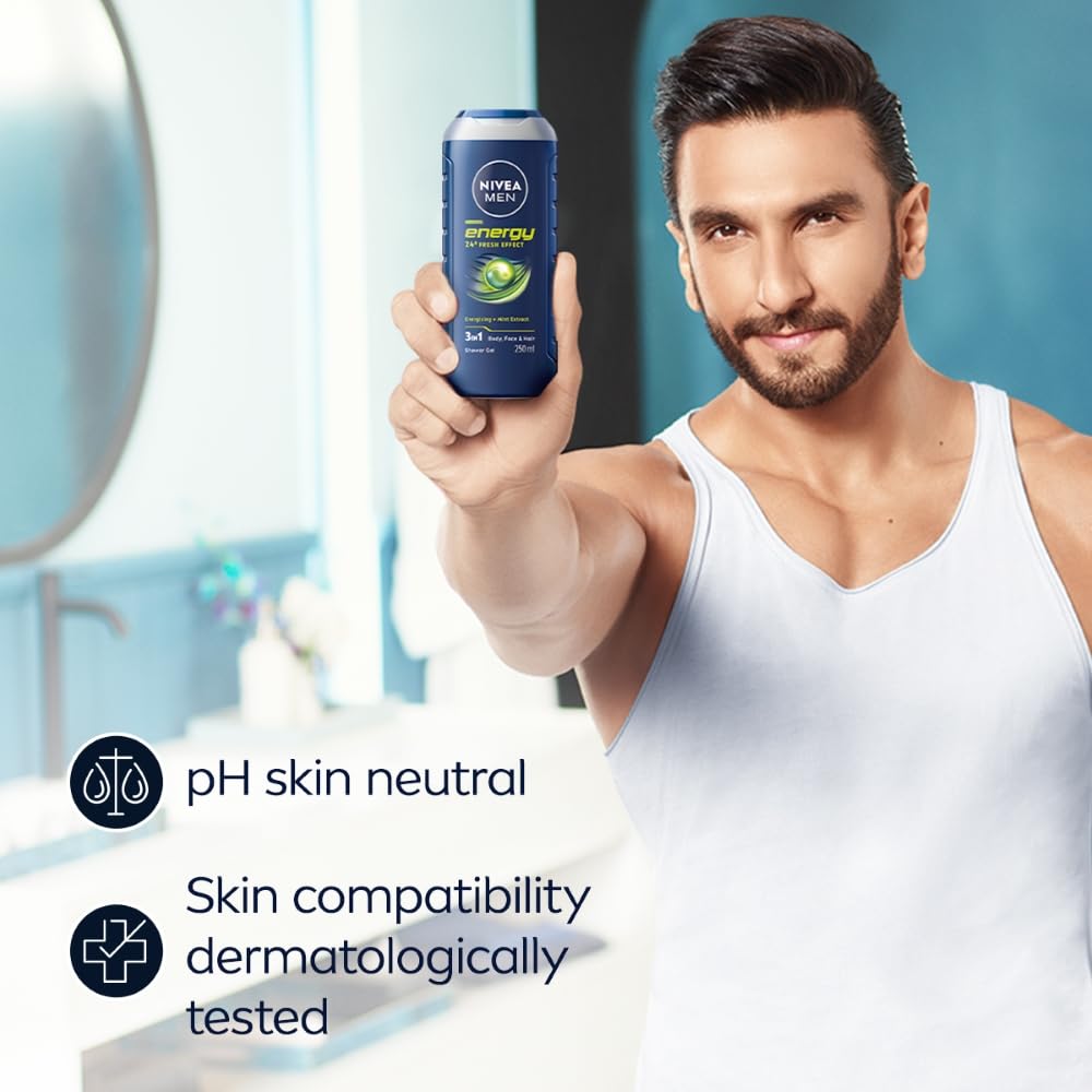 Nivea Мужской энергетический гель для душа 250 мл для тела, лица, волос с экстрактами мяты | Освежающее очищающее средство для ежедневного использования