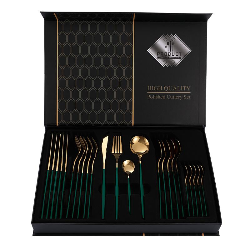 24Pcs Home Kitchen Tableware Stainless Steel Cutlery Set Dinnerware Forks Spoons Gold Plated Gift Box Set High Quality Polished Flatware Dinner Set