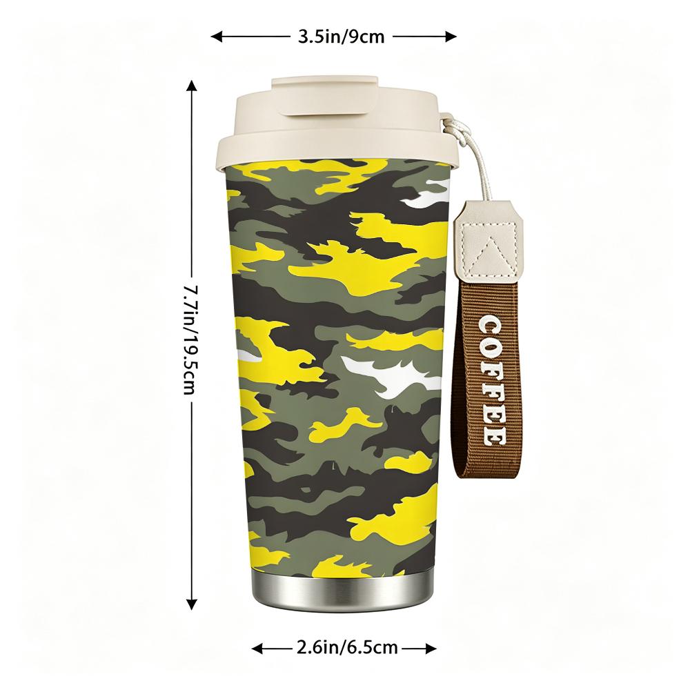 Yellow Camouflage Style Print Insulated Coffee Tumbler, Vacuum Stainless Steel Travel Mug, Leakproof Reusable Cup for Outdoor Hiking