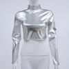 Женский клубный топ из глянцевой искусственной кожи с высоким воротником, однотонный, с открытой талией, с длинными рукавами, узкий пуловер, эластичный эластичный пуловер для ночного клуба, сценическое шоу, вечеринка