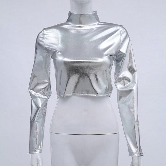 Женский клубный топ из глянцевой искусственной кожи с высоким воротником, однотонный, с открытой талией, с длинными рукавами, узкий пуловер, эластичный эластичный пуловер для ночного клуба, сценическое шоу, вечеринка