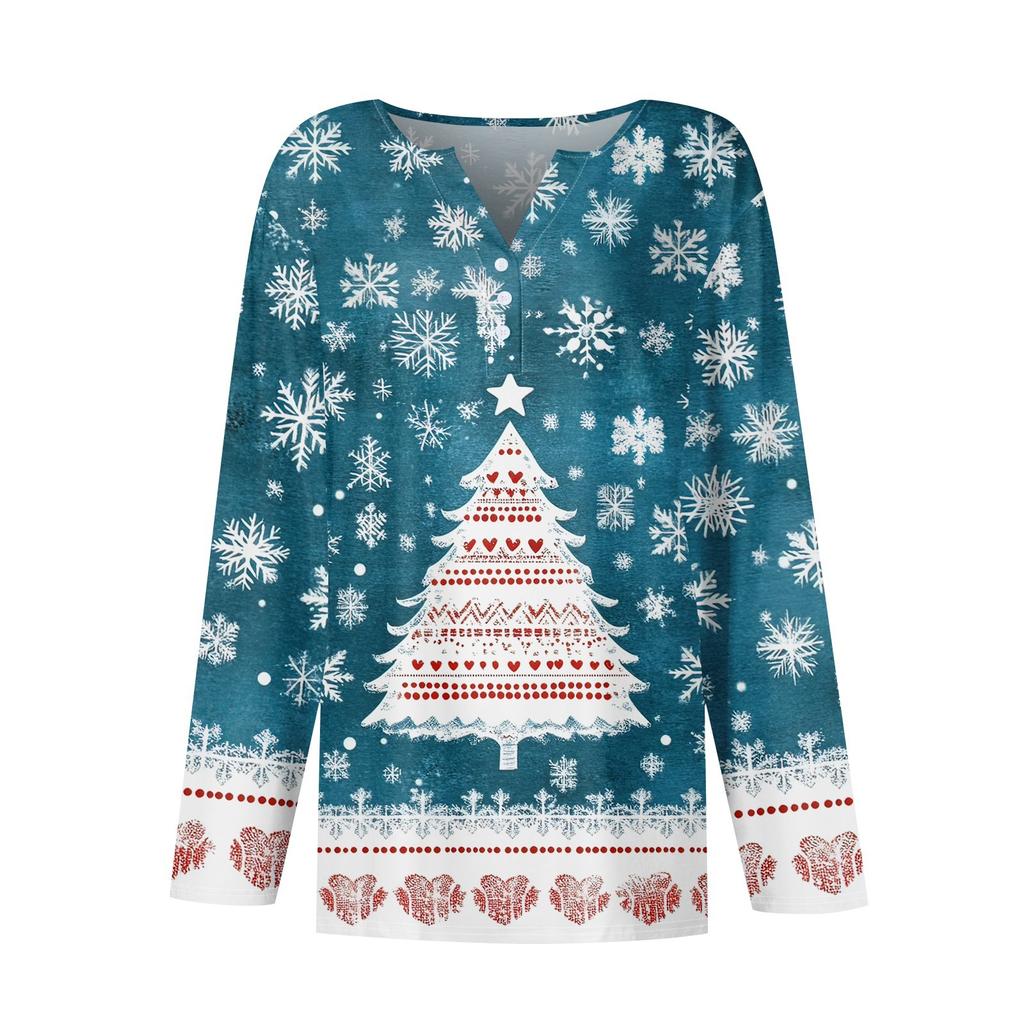 Women's T Shirt Tee Christmas Print Button Long Sleeve Daily Weekend Fashion Basic V- Neck Regular Top