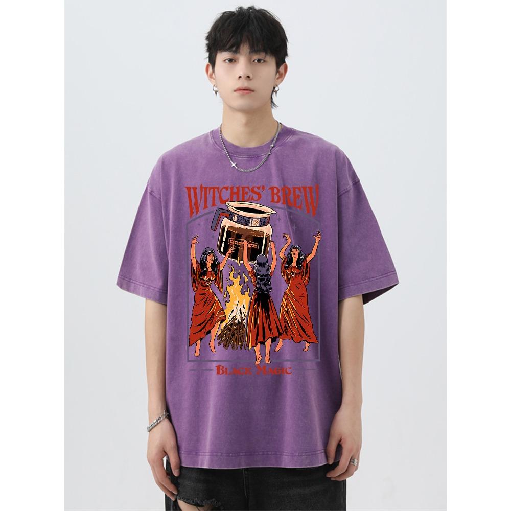 Ведьмы варят кофе Black Magic Washed Retro Мужские топы Свободная уличная футболка Летняя футболка Большие свободные футболки