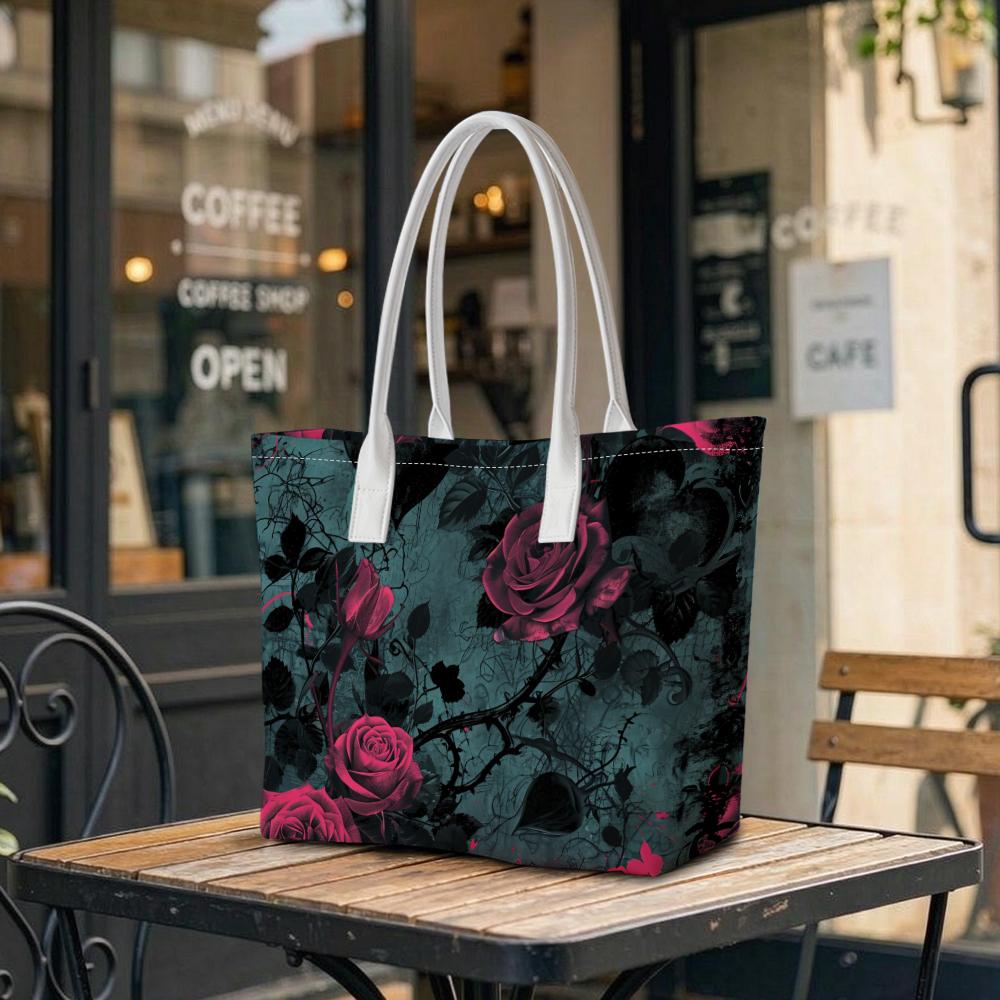 Gothic Rose Pattern Tote Bag Elegant Dark Style Large Capacity Daily Shoulder Bag for Women
