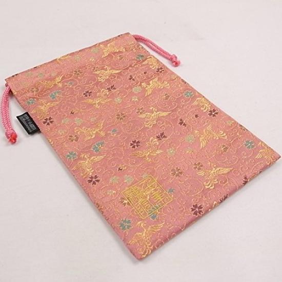 Senshishuin Nishijin Brocade Drawstring Bag Golden Large (Lined) Phoenix/Pale Pink,