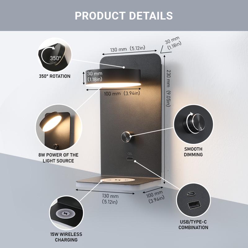 Светодиодный настенный светильник с беспроводной и USB-портами двойной зарядки для спальни и отеля, для чтения