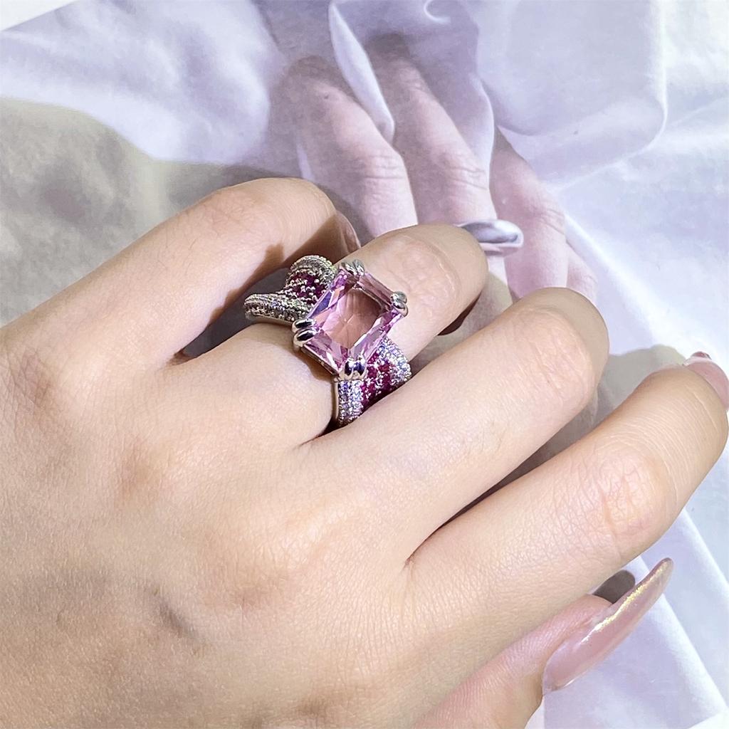 High-definition Pink Diamond Ring Female Personality Opening Pink Four-claw Gemstone Ring Party Birthday Gift Valentine's Day Gift Women Jewelry