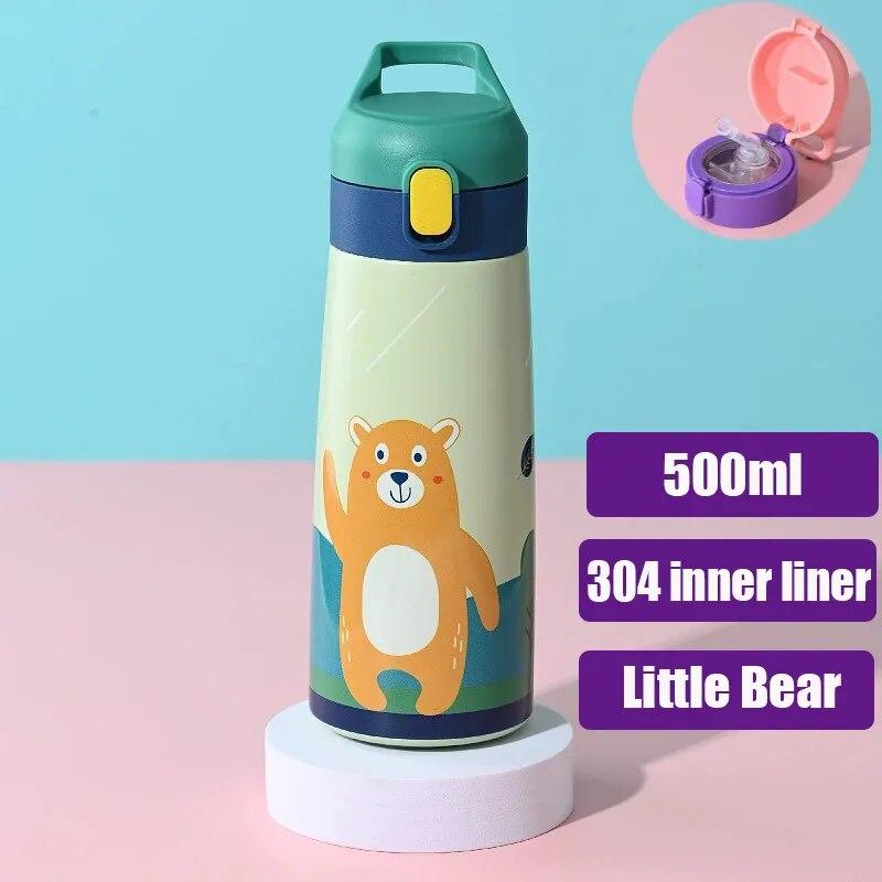 500ml Kids Stainless Steel Straw Thermos Mug Cute Cartoon Children Thermal Water Bottle Portable School Cup Drinking Kettle