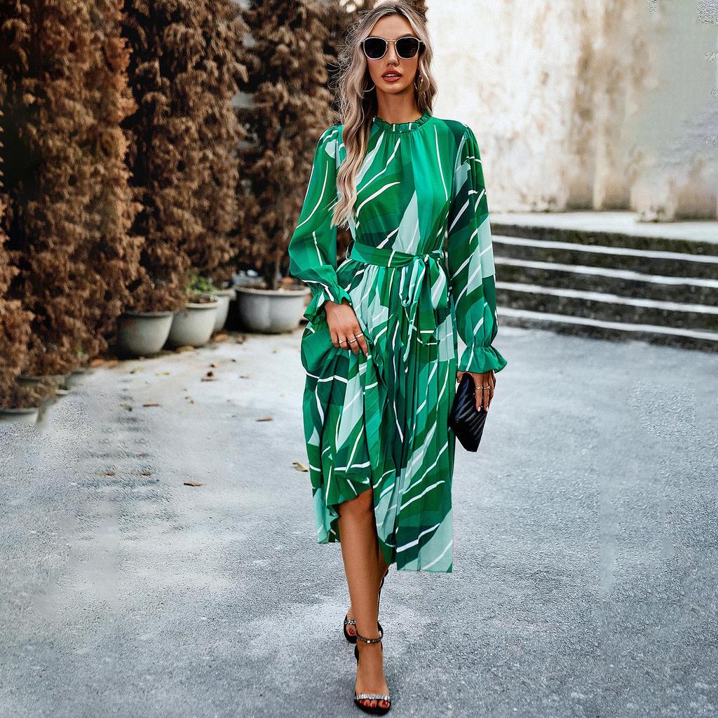 Осенне-зимнее женское плиссированное длинное платье для отдыха с круглым вырезом и длинными рукавами с принтом