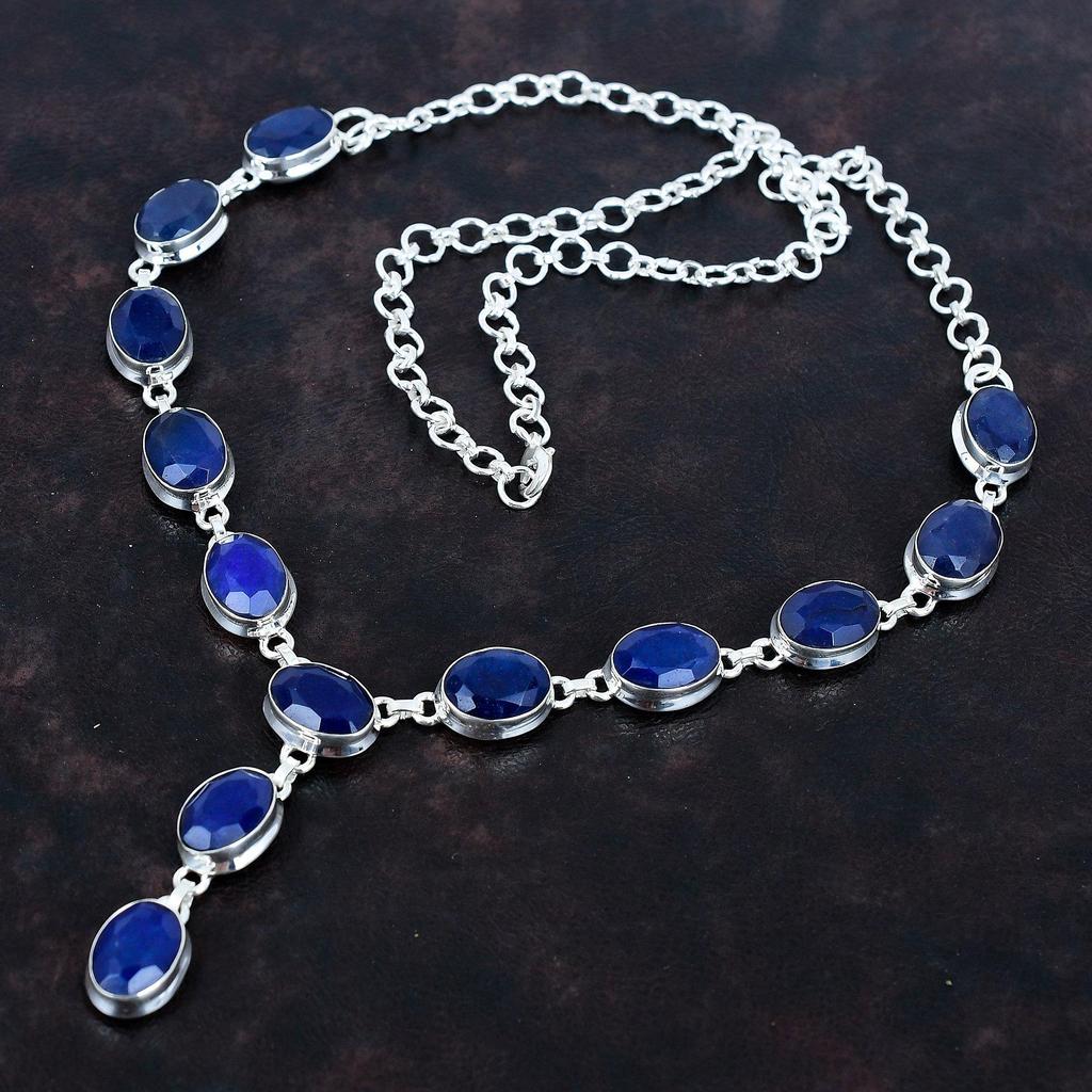 Ожерелье с граненым синим сапфиром, драгоценный камень, ручная работа, ожерелье с камнем, ювелирное украшение из стерлингового серебра 925 пробы, регулируемая цепочка, подарки для матери