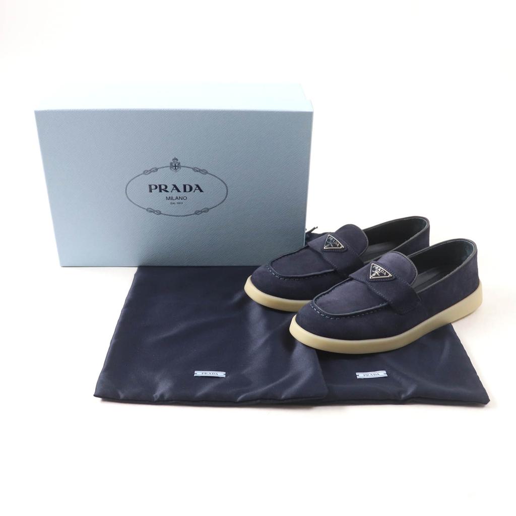 Excellent PRADA loafers Triangle logo Navy Suede leather Women 35.5 1D222N Used