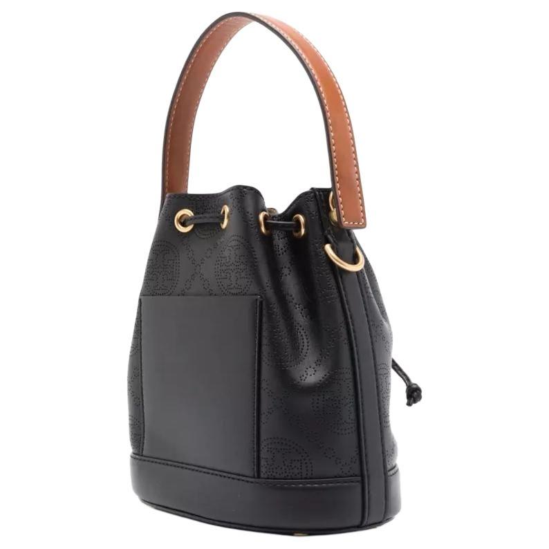 Tory Burch T Monogram Double T Logo Quilted Perforated Detachable Shoulder Strap Drawstring Leather Bucket Bag Women Bags Black 151791-001