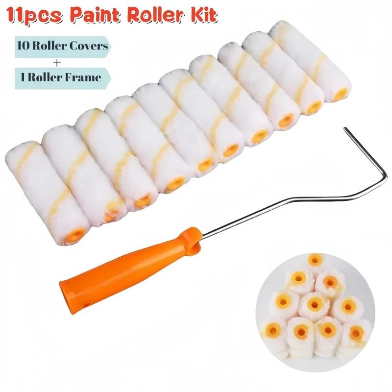 11pcs Complete Paint Roller Set with Long Handle & 4-Inch Covers Brush Painting Tool Kit Ideal for Walls, Ceilings & Small Areas