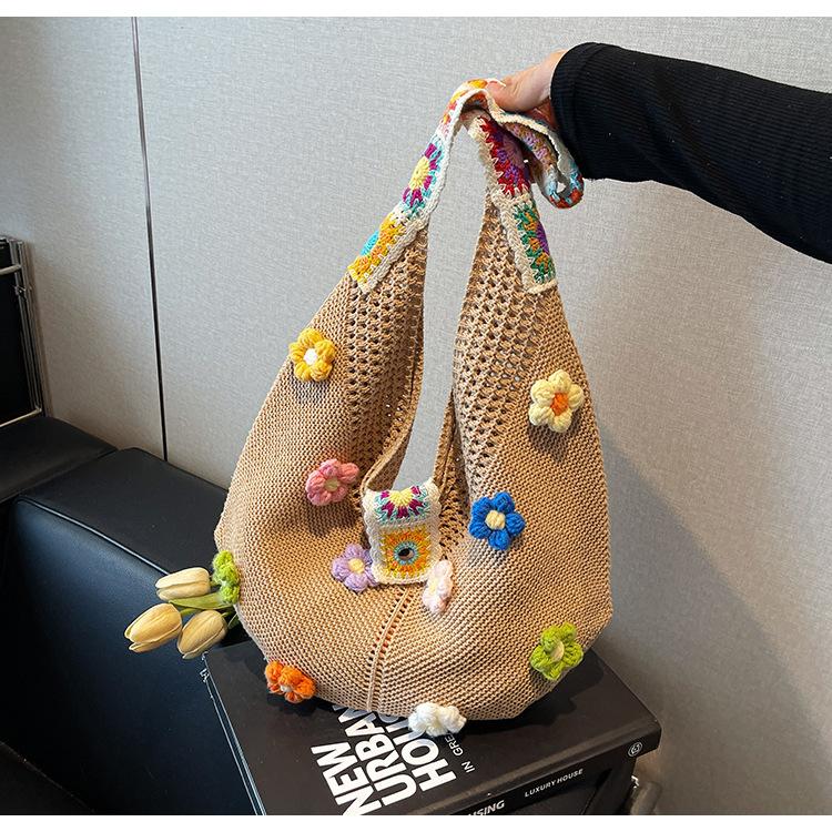 Женская цветочная вязаная сумка через плечо Модная сумка-тоут Легкая crochet сумка-тоут Повседневная сумка с верхней ручкой Сумки для путешествий на открытом воздухе