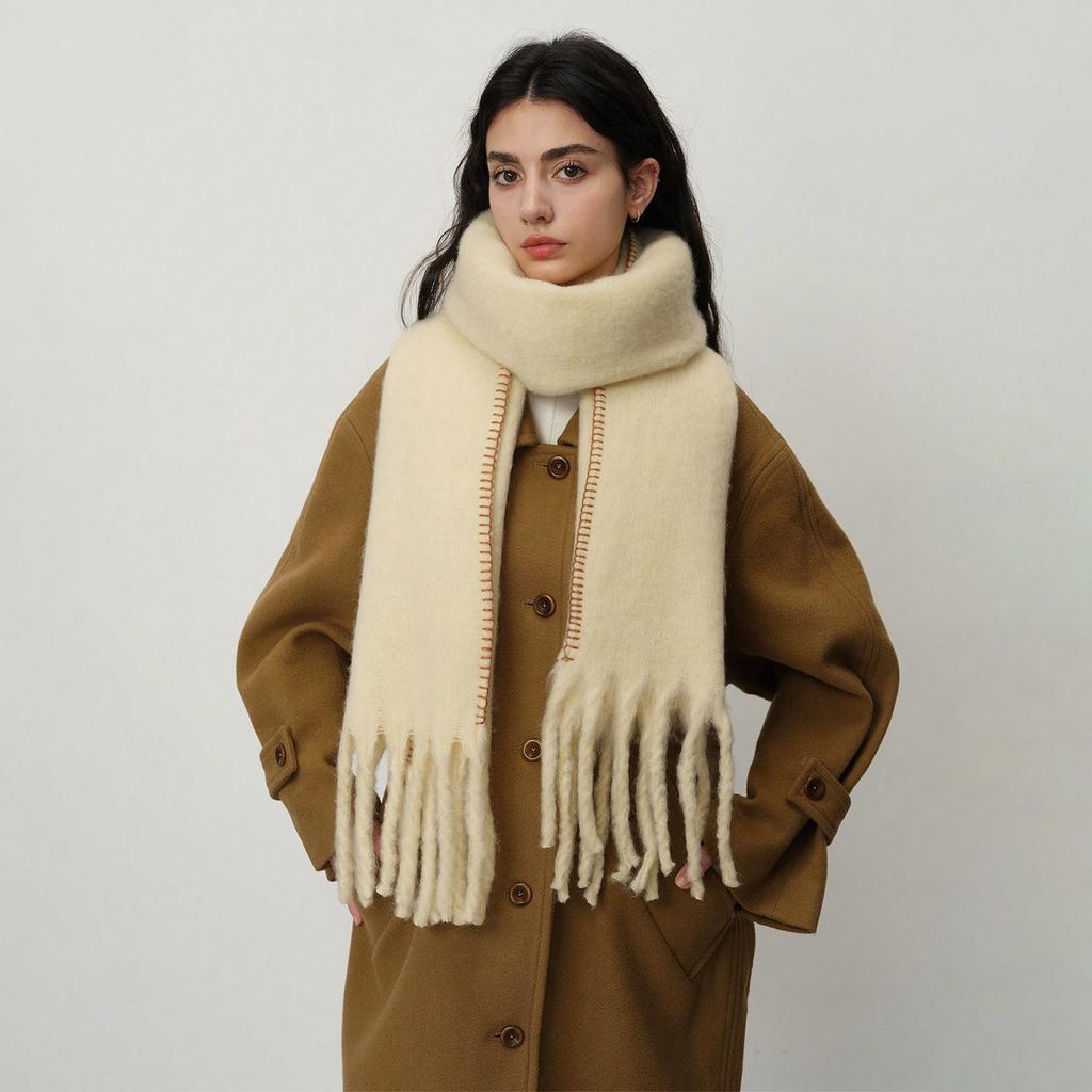 Versatile Plus Thickened Imitation Cashmere Solid Color Hemming Fringed Scarf Women's Winter Shawl