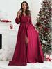 2024 Elegant V-neck Slit Evening Dress: Timeless European and American Fashion, Versatile Long Sleeve Solid Color Gown