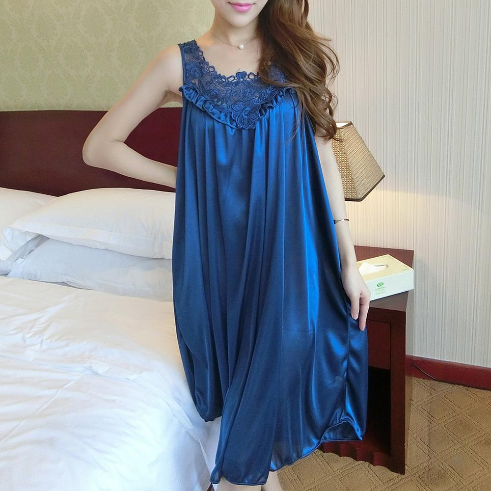 Ladies Pure Color Sexy Ice Silk Satin Nightgowns Baggy Casual Sleeveless Sleepwear Long Dress