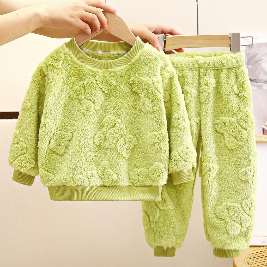Children's Solid Color Thickened Flannel Warm Home Wear And Pajamas Set For Boys And Girls