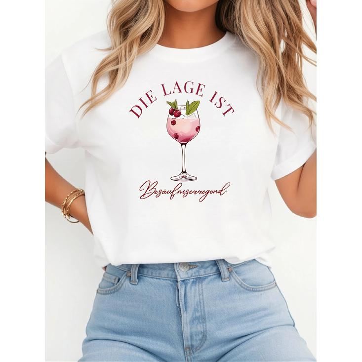Women's Relaxed Fit Short Sleeve Crew Neck Tee with Funny German Wine Graphic Print, Soft Cotton Blend for Casual Daily Wear