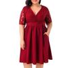 Women Plus Size V-neck Short Sleeve Sexy Lace Stitching Waist Evening Dress