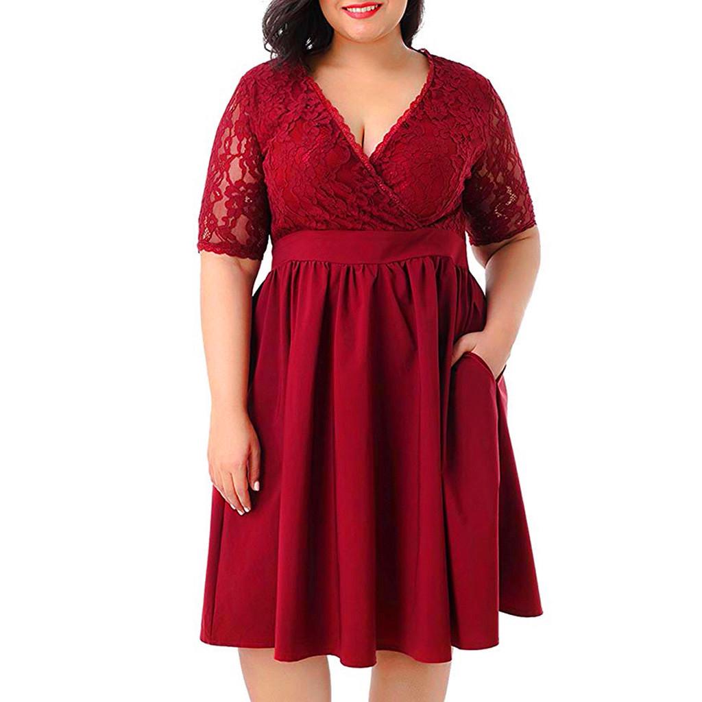 Women Plus Size V-neck Short Sleeve Sexy Lace Stitching Waist Evening Dress