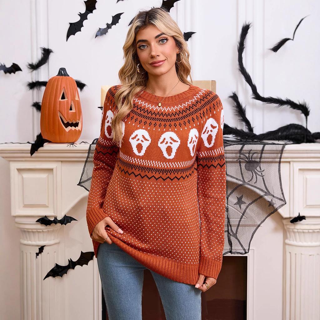 Autumn and winter new European and American sweaters women's loose Halloween unique skull jacquard crew neck long-sleeved knitted sweater