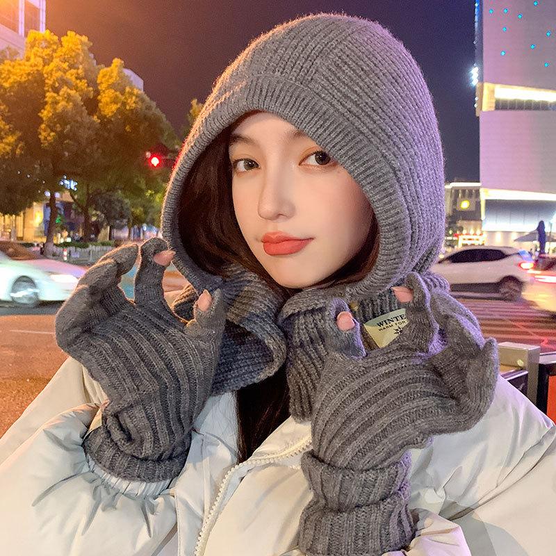 Women's Scarf Integrated Knitted Warm Hat Autumn and Winter Cold Gloves Outdoor One-piece Children's Wool Cape Hat