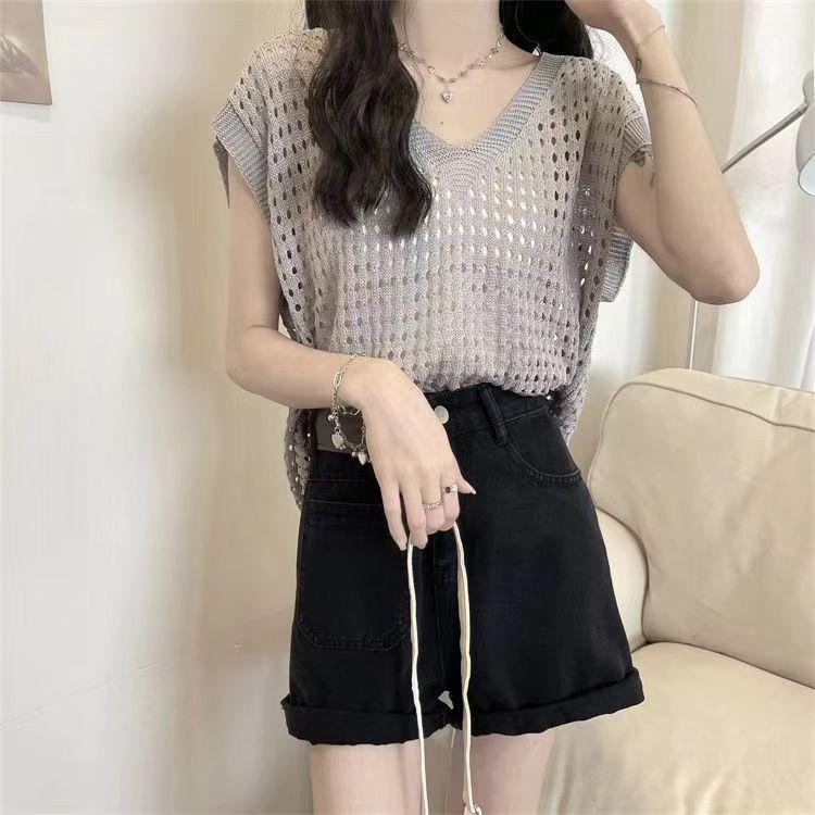 Летний тонкий ажурный трикотажный жилет с V-образным вырезом, женские топы