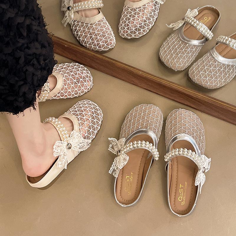 Flat-bottomed Bag Head Half Slippers Women's Summer Wear 2025 New One-pedal Fairy Wind Mesh Single Shoes Cool Slippers