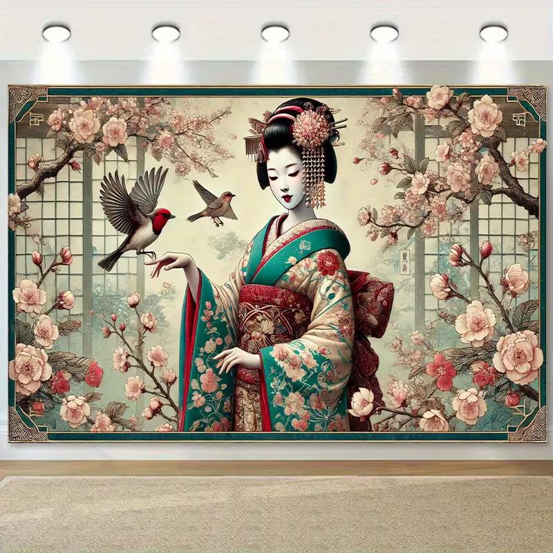 2D Japanese Geisha Cherry Blossom Backdrop Party Background Banner