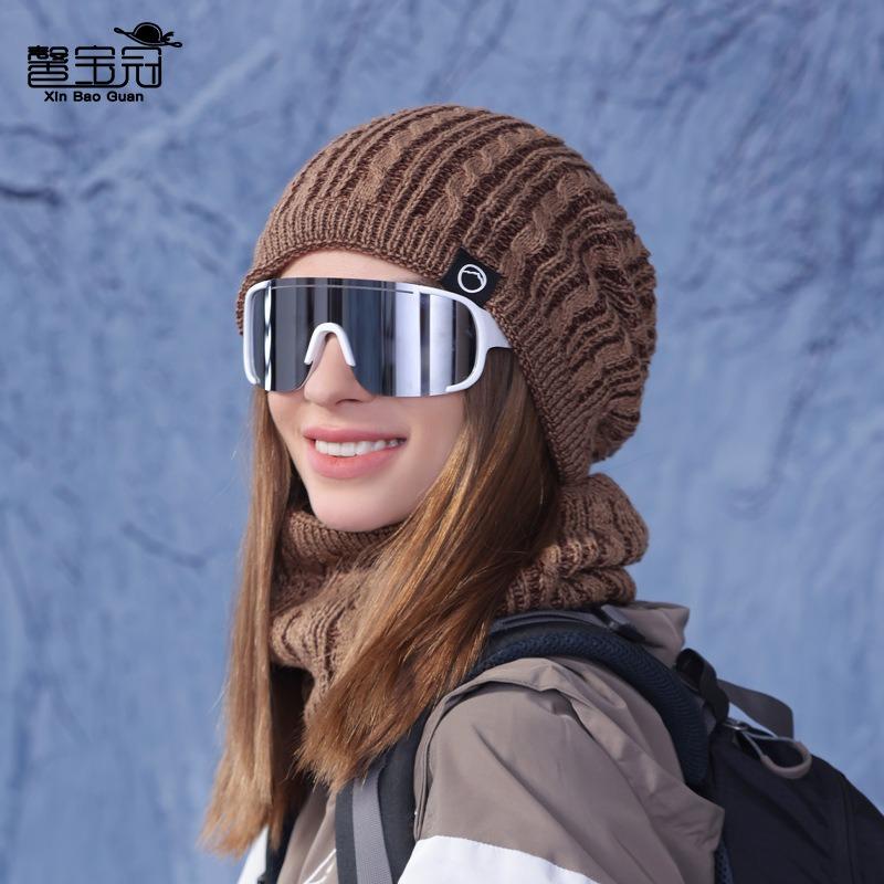 Winter Outdoor Warm Hat Scarf Two-piece Set Fleece Ear Protector Pullover Hat Women's Cold-proof Knitted Wool Hat