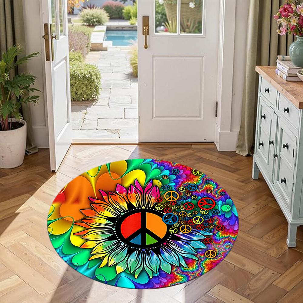 Floral Peace Symbol Round Office Rug Design for Entryway Decorate room Game Room Bedrooms Anti-slip Round Rug Office home decor Gift for Festivals