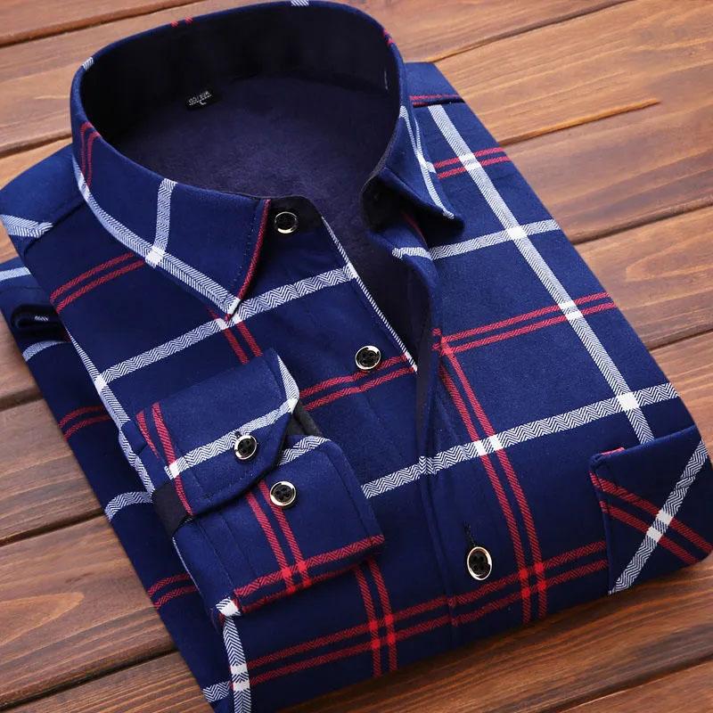 Men's Winter Warm Long Sleeve Plaid Shirts Flannel Fur Lined Thick Formal Shirts Fleece Casual Shirt for Men Dress Shirts