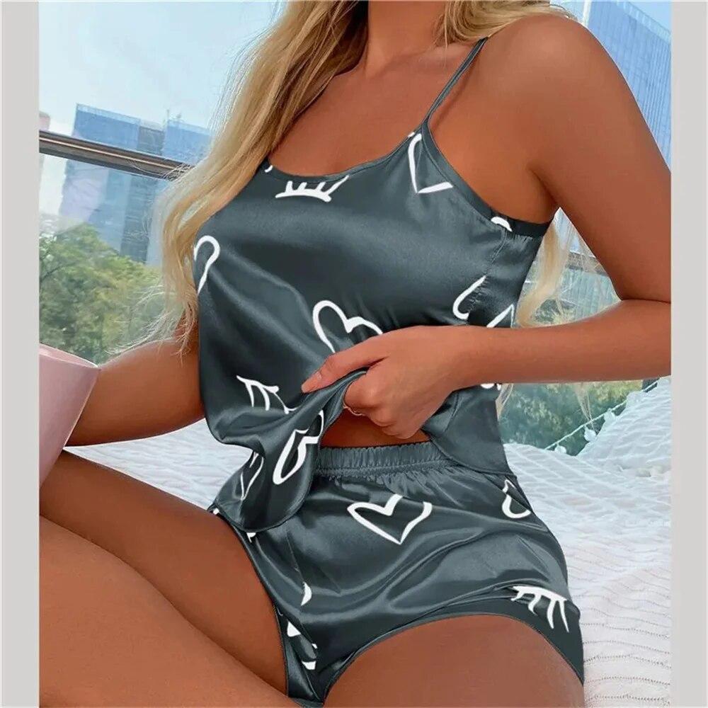 Sexy Heart Print Pajama Set Women's 2 Pieces Sleepwear Pyjamas Silk Satin Cami Top And Shorts Pajamas Summer Pajamas Set