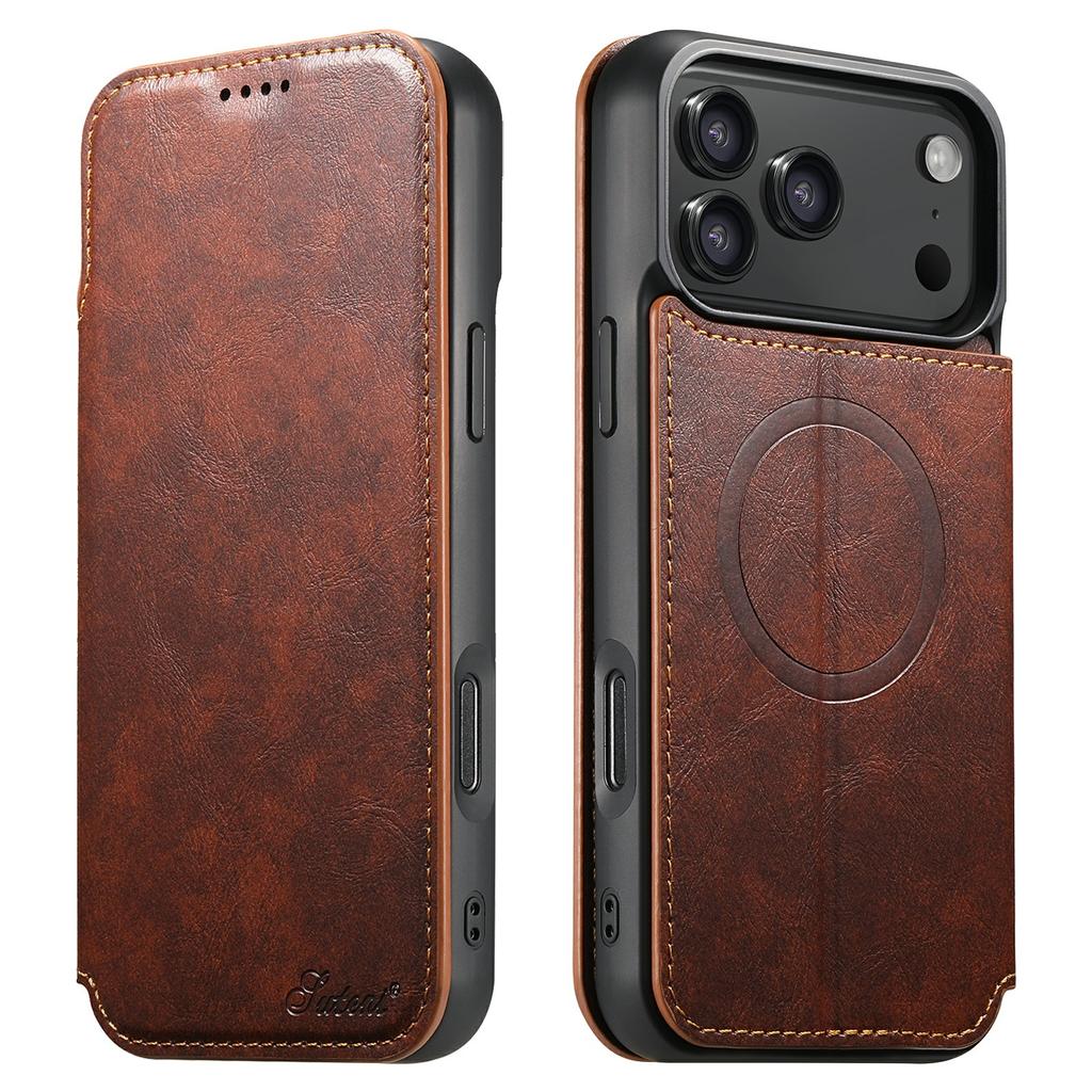 SUTENI J05 For iPhone 17 Pro Case Compatible with MagSafe Textured PU Leather Flip Phone Cover