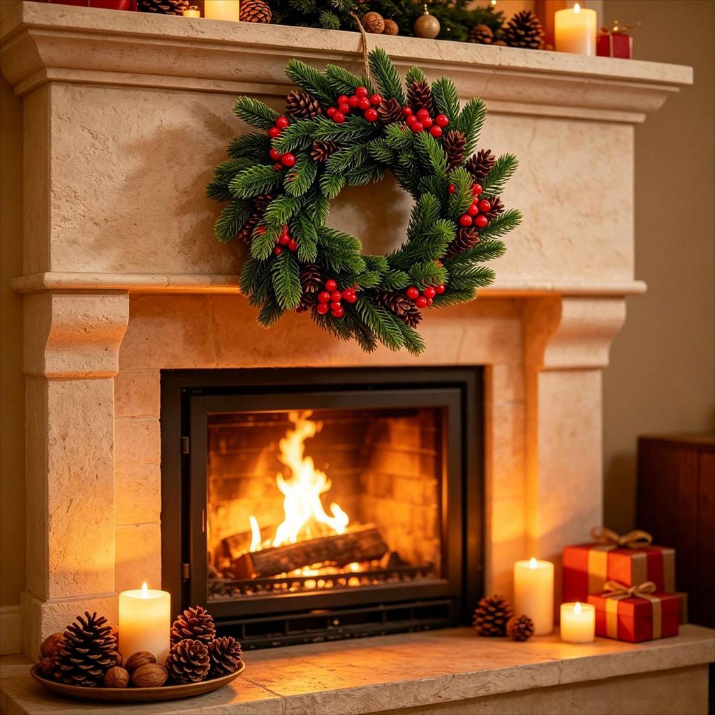 3D Pine Branch Christmas Wreath with Red Berries - Festive Door Hanging Decoration