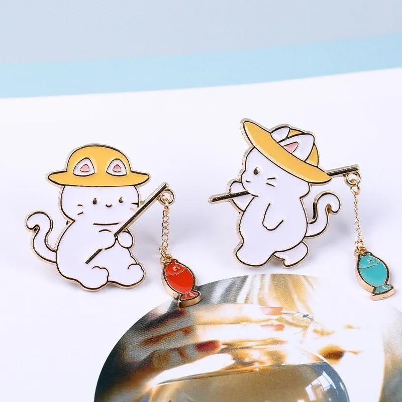 Cute Fishing Couple Forest Brooch Cat Series Gift