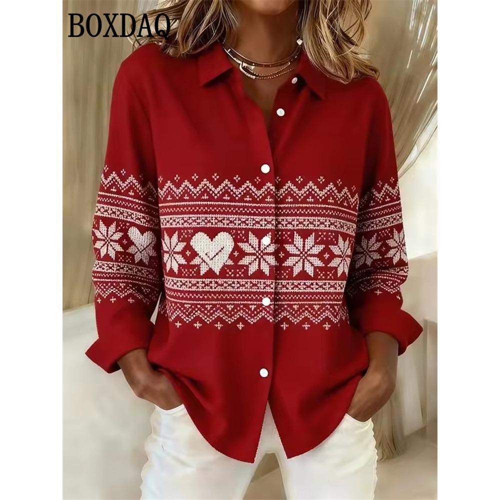 2025 Christmas Party Womens Long Sleeve Shirts Fashion Street Clothing Autumn Blouse Christmas Snowflake 3D Print Shirts Ladies