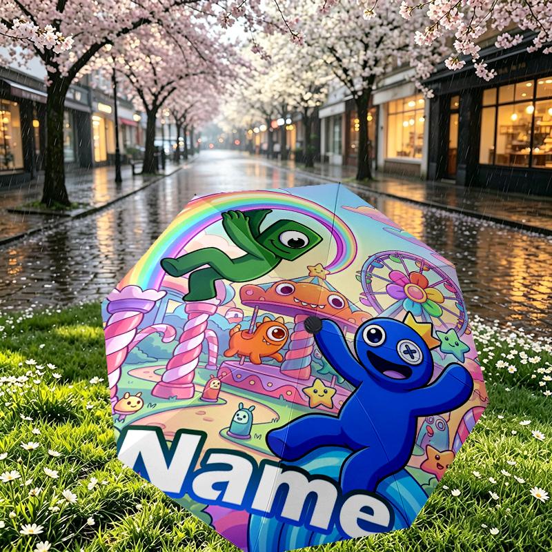 Custom Name Personalized Game Rainbow Friends Print Umbrella, Auto Open Close, 8‑Rib Sturdy Frame, Commute Camping Hiking Use, Birthday Gift